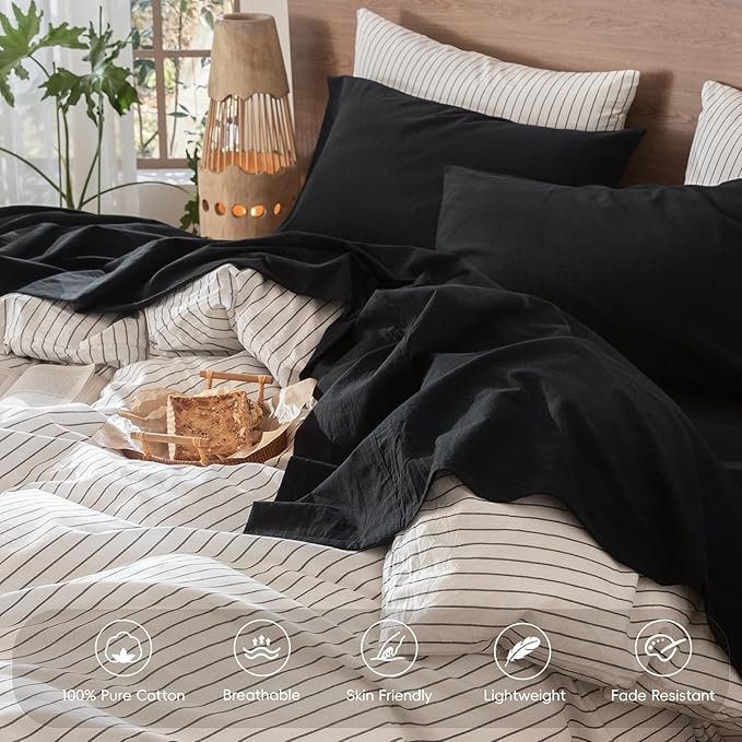 MooMee Bedding Sheet Set 100% Washed Cotton Linen Like Textured Breathable Durable Soft Comfy (Solid Black, Twin XL)