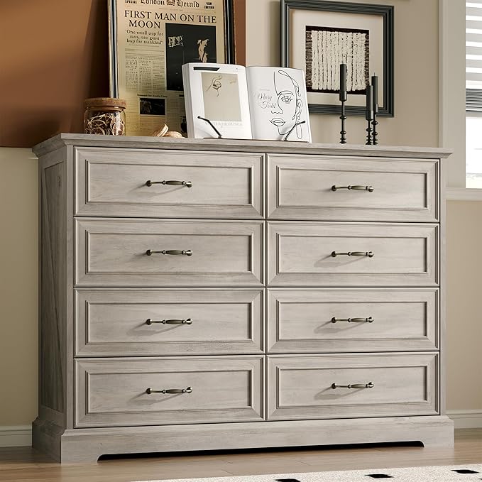 Farmhouse 8 Drawers Dresser for Bedroom, 48" Wide Modern Chest of Drawers with Deep Drawers & Bar Handles, Rustic Wood Dresser TV Stand, Wooden Closet Storage Organizer for Living Room, Hallway, Grey
