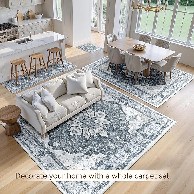 Area Rugs 4'x6' Washable Non-Slip, Floral Vintage Distress Print Pattern Medallion Carpet for Living Room Bedroom Dining Room, Light Gray Grey White