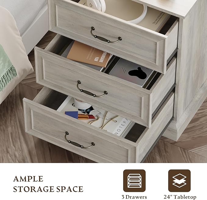 Farmhouse 3 Drawers Dresser for Bedroom, 24" Wide Modern Chest of Drawers with Deep Drawers & Bar Handles, Rustic Wood Nightstand, Wooden Closet Storage Organizer for Living Room, Hallway, Grey