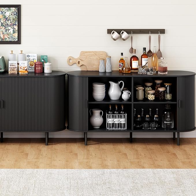 ONBRILL 55" Sideboard Buffet Cabinet with Storage, Storage Cabinet with Sliding Door & Adjustable Shelf, Modern Accent Coffee Bar Cabinet Console Table for Kitchen, Entryway, Black