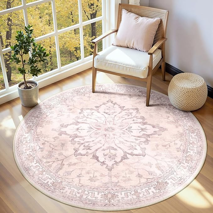 Area Rugs 4ft Washable Non-Slip, Floral Vintage Distress Print Pattern Medallion Carpet for Living Room Bedroom Dining Room, Pink Greypink Cute