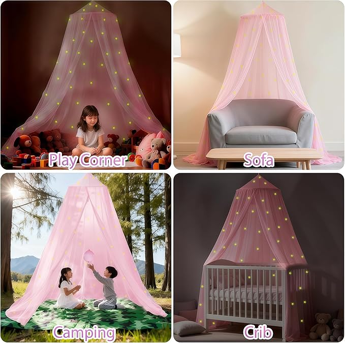 Pink Princess Bed Canopy for Girls with Glowing Stars, Canopy Bed Curtains for Twin, Full, and Queen Sizes; Ceiling Tent for Reading Nooks, Mosquito Net for Indoor Room Decor and Outdoor Use