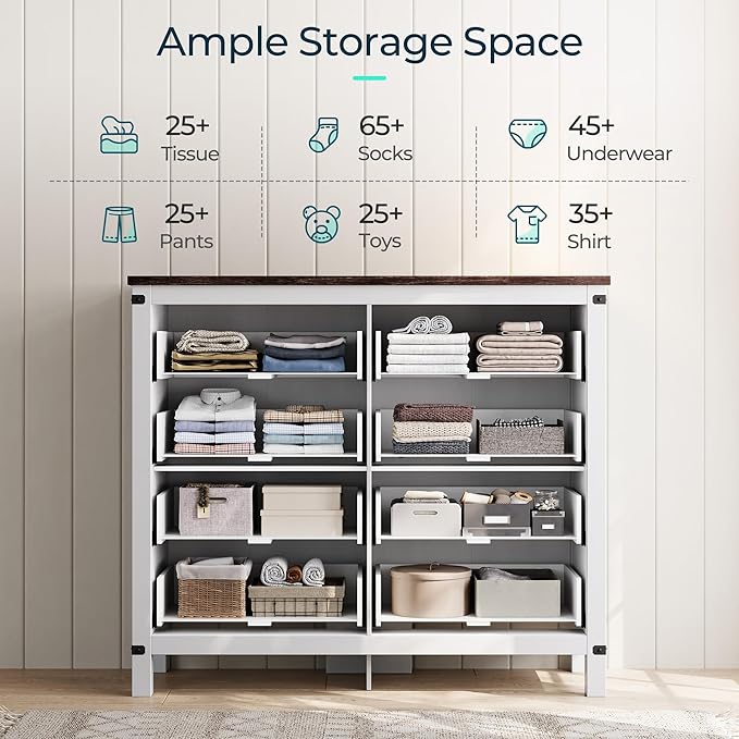 LINSY HOME Farmhouse 8 Drawer Double Dresser for Bedroom, 50” Wide Rustic Wood Chest with Deep Drawers, Modern Dressers with Storage and Metal Handles for Closet, Living Room, Hallway, Off White