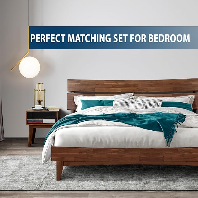 Acacia Aurora King Solid Wood Bed Frame with Headboard – Gift Matching Nightstand Included, Mid-Century Modern Farmhouse, Walnut Finish, 800 lbs Capacity, Sturdy, No Box Spring, Easy Assembly