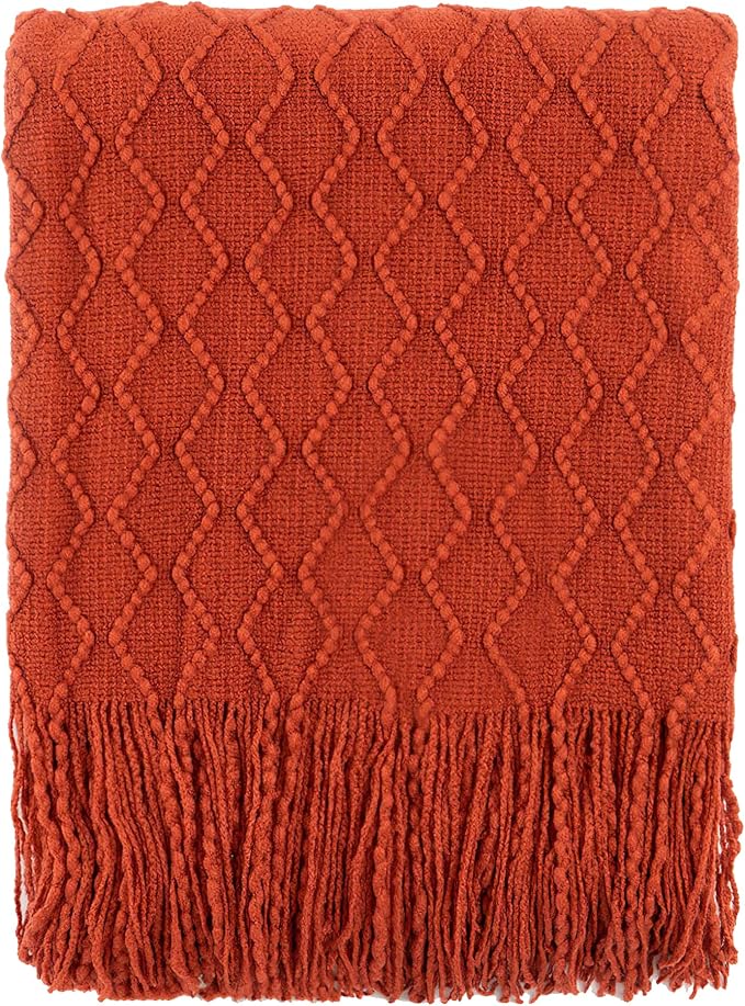 BATTILO HOME Rust Throw Blanket for Couch, 50" x 60", Acrylic Knit Woven Summer Blanket, Lightweight Decorative Soft Nap Throw with Tassel for Chair Bed Sofa Travel Picnic, Suitable for All Seasons