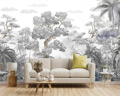 -Tropical Rainforest Botanical Grey Jungle Forest Fabric Wallpaper Living Room Palm Leaf Plant Bedroom Bathroom Large Wall Mural- 137"x96"（ not Peel and Stick）