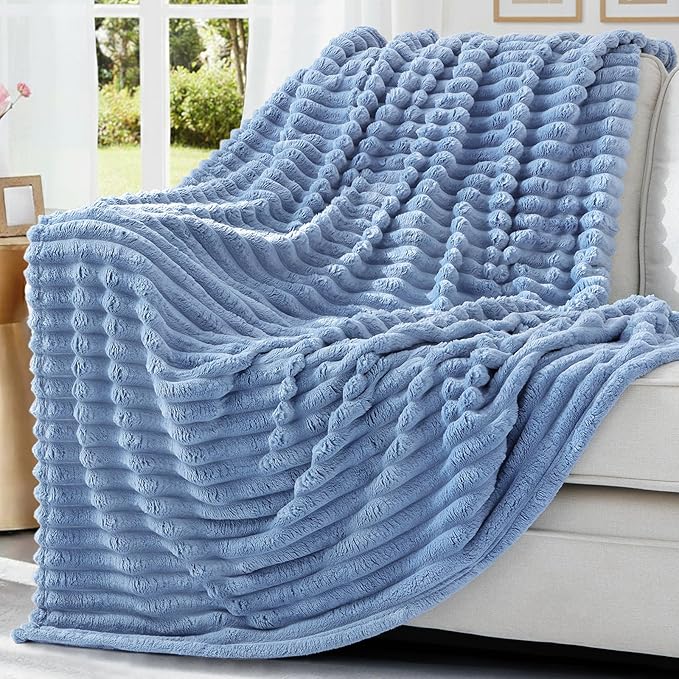 decorUhome Christmas Soft Fleece Blue Grey Throw Blanket for Couch, Cozy Fluffy Plush Flannel Striped Blanket for Sofa Bed, Lightweight Decorative Ribbed Fuzzy Blanket for Woman, 50x60 Inches