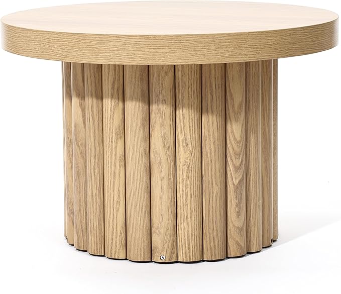 LuxenHome End Table, 23.6" Wide Brown Wood Fluted Round Coffee Table Modern Side Table for Living Room Round Wood Accent Table Bedroom Small Table