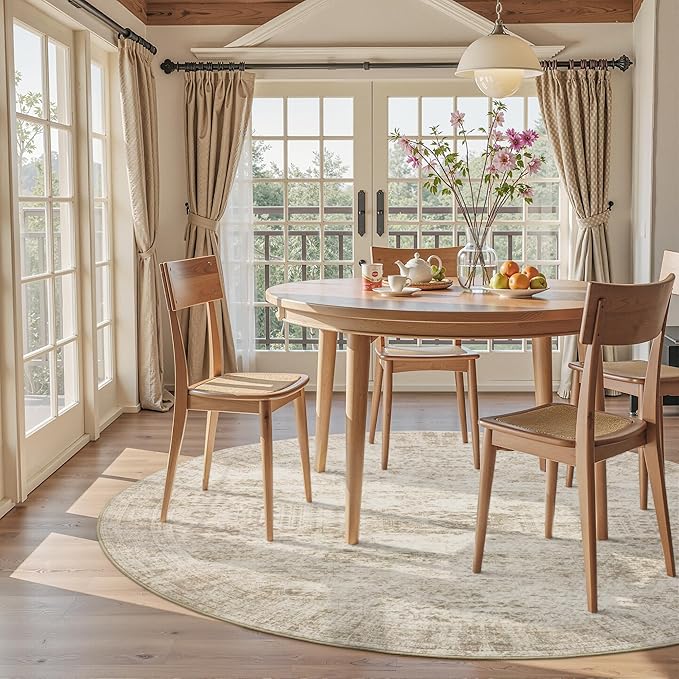 5x5 Beige Round Rug 5ft Living Room Circle Rug Vintage Round Area Rug Non Slip Indoor Carpet for Entryway Dining Room Bedroom