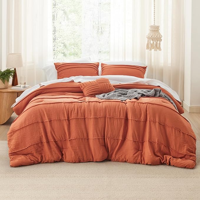 Bedsure King Comforter Set - 4 Pieces Pinch Pleat Bed Set, Burnt Orange Boho Bedding for All Season, 1 Soft Comforter, 2 Pillowcases, 1 Decorative Pillow