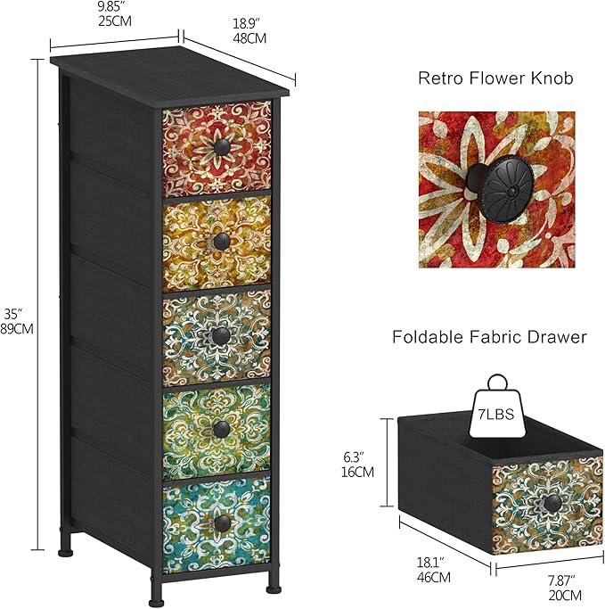 GiftGo Retro Skinny Dresser with Fabric Drawers Thin Slim Boho Mandala Flower Chest of Drawers Narrow Storage Tower for Small Spaces Gaps Bedroom Beautiful Nightstand Living Room Table