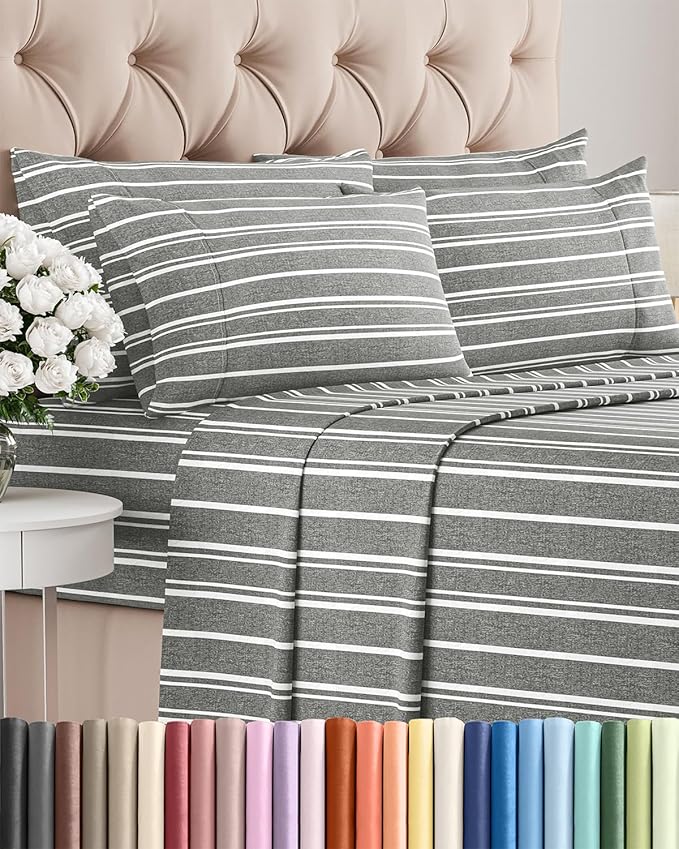 Full 6 Piece Sheet Set - Cooling, Comfy & Breathable - Hotel Luxury Bedding, Includes Fitted Sheet for Women, Men, Kids & Teens - 1 Flat, 1 Fitted Sheet, 4 Pillowcases w/Deep Pockets - Grey Stripes