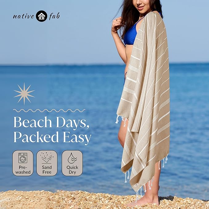 Native Fab Large Turkish Towels Set of 4, Lightweight, Quick Dry, Durable, Absorbent, 100% Cotton, Perfect for Beach, Travel, Pool, Spa, Bath - Ash Grey, Beige, Light Orange, Pink