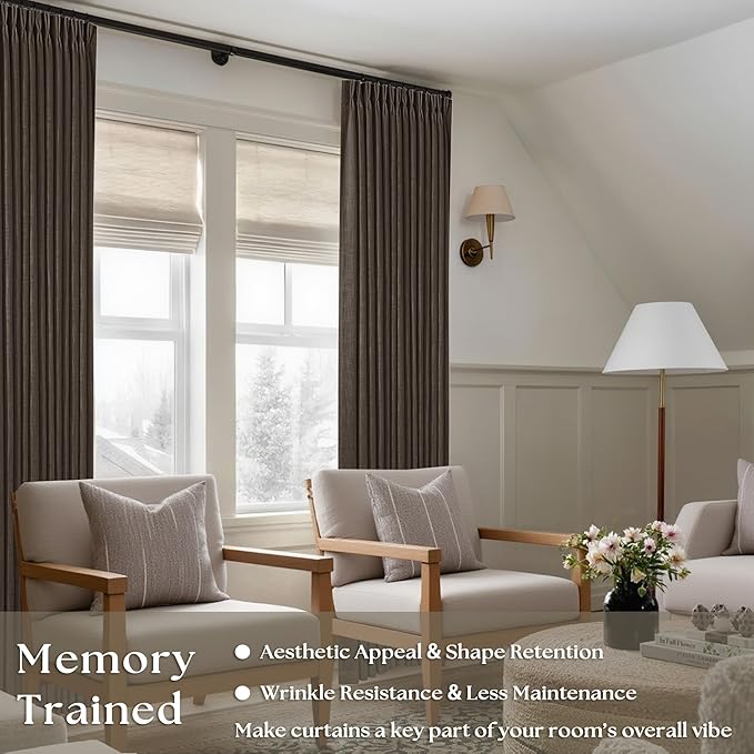 Dark Chocolate Pinch Pleated Linen Curtains 96 Inches Long 2 Panels for Living Room Bedroom Memory Training Brown Semi Sheer Pleat Drapes with Hooks Rings Light Filtering Window Curtain 40x96