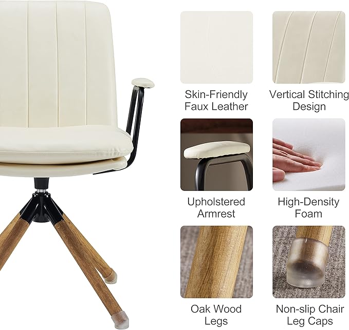 Art Leon Mid Century Modern Chair, Oak Legs Swivel Accent Chair No Wheels, Faux Leather Armchair for Small Spaces Home Office Living Room Bedroom, Off White