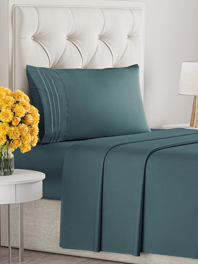 Twin Size 3 Piece Sheet Set - Extra Soft, Breathable & Cooling Sheets - Hotel Luxury Durable Bed Sheets for Women & Men - Deep Pockets, Easy-Fit & Wrinkle-Free Sheets - Deep Teal Oeko-Tex Bed Sheets