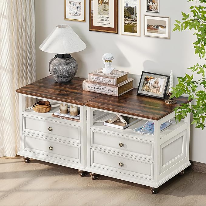 Farmhouse Nightstand with Charging Station, 24" Wide End Table with 2 Drawers,White Wood Dresser for Bedroom, Bed Side Table Chest of Drawers Cabinet,Night Stand for Living Room, Closet