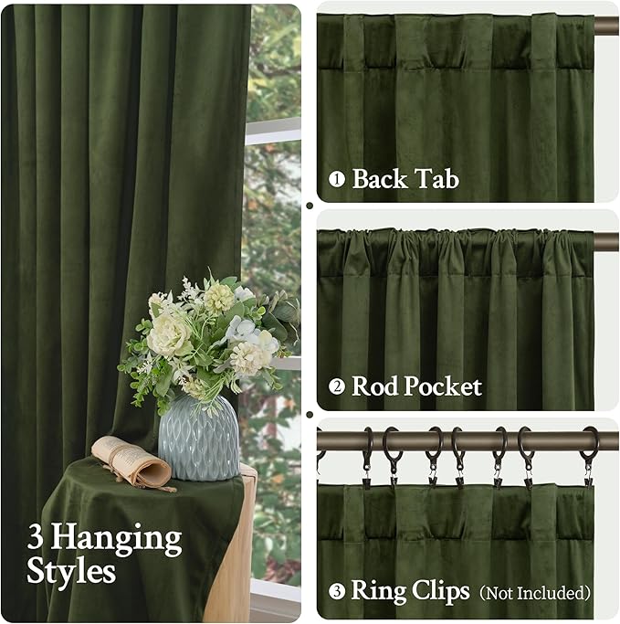 LAMIT Olive Green Velvet Curtains 120 Inch for Living Room, Thermal Insulated Blackout Curtains Luxury Room Darkening Back Tab and Rod Pocket Window Drapes for Bedroom, 2 Panels, 52 x 120 Inch