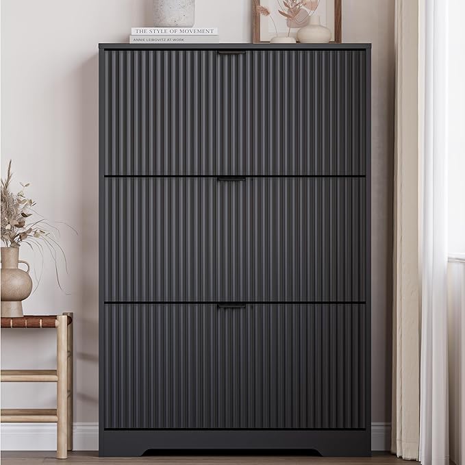 Entryway Shoe Cabinet with 3 Flip Drawers, Narrow Shoe Organizer Cabinet with Fluted Panel and Adjustable Shelves for Foyer, Hallway