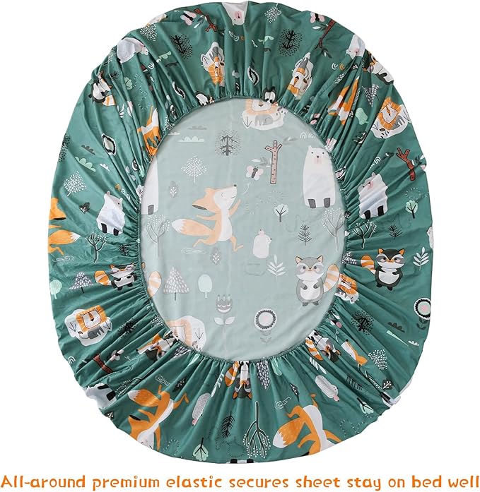 JSD Green Forest Animals Kids Sheet Set Full Size, 4 Piece Woodland Printed Microfiber Bed Sheets Deep Pocket