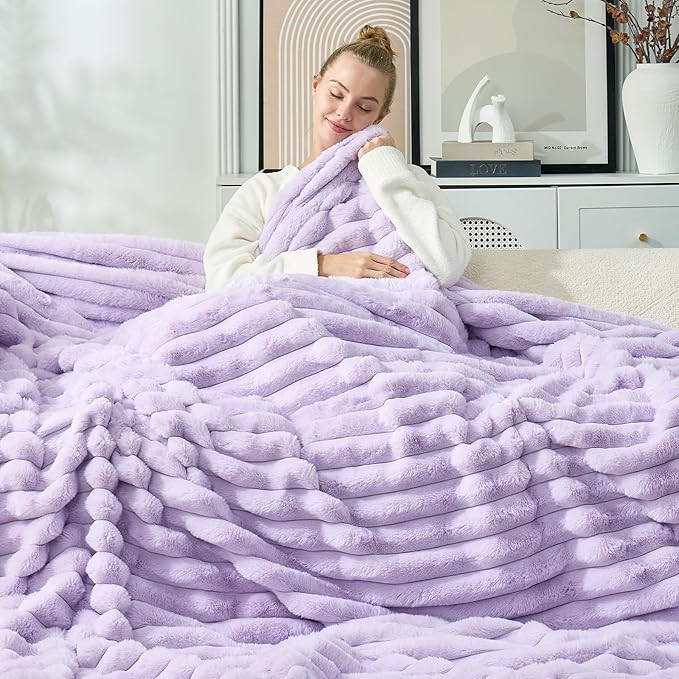 Cozy Bliss Faux Fur Throw Blanket for Couch, Cozy Warm Plush Striped Blanket for Sofa Bedroom Living Room, 90 * 90 Inches Lavender