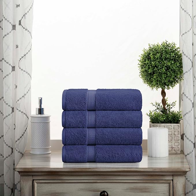 Superior Egyptian Cotton Pile Hand Towel Set of 4, Ultra Soft Luxury Towels, Thick Plush Essentials, Absorbent Heavyweight, Guest Bath, Hotel, Spa, Home Bathroom, Shower Basics, Navy Blue