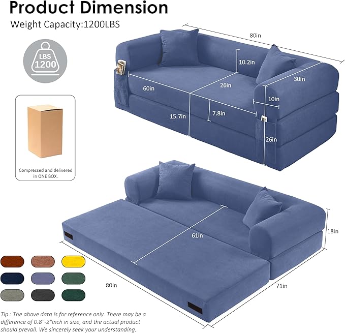 80" Convertible Sofa Bed, Corduroy Deep Seat Folding Pull Out Couch with Pillows, No Assembly Modern Boneless Couch Compression Sofa in Box, Floor Sofa with Storage Pocket,Dark Smog Blue