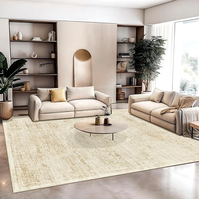 Washable Area Rug 8x10, Large Soft Rugs for Living Room Vintage Beige 8x10 Area Rugs for Bedroom Dining Room Floral Non-Slip Thin Rug