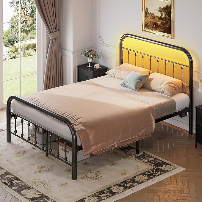 WLIVE Metal Platform Bed Frame, Full Size Bed Frame with Headboard, Bed Frames with LED Lights and Charging Station, 1500LBS Mattress Foundation, Under Bed Storage, No Box Spring Needed, Black