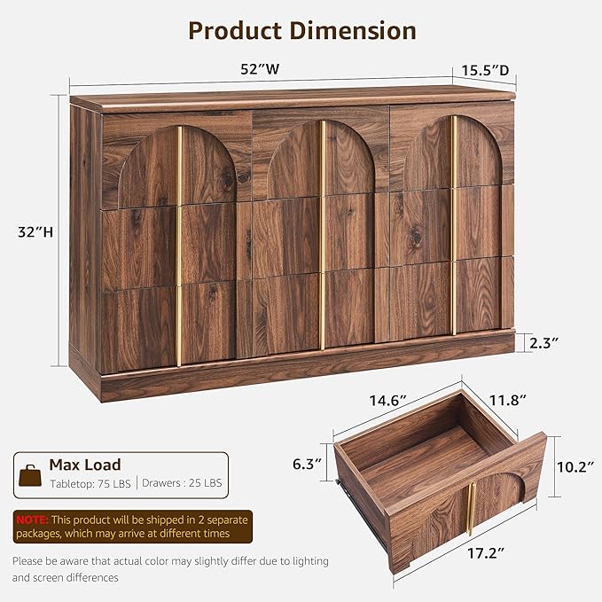 ACCOHOHO Arched Dresser for Bedroom with 9 Drawers, 52" Wide Modern Chest of Drawers with Rounded Edge & Metal Handles, Wood Storage Closet Dressers TV Stand for Living Room, Hallway, Brown