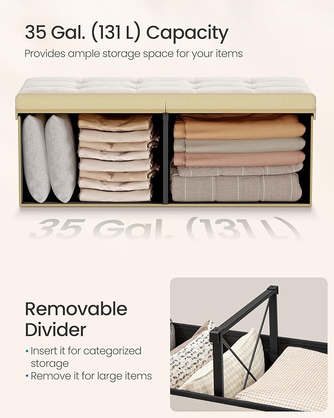SONGMICS Mazie Collection - 43 Inches Storage Ottoman, Foldable Storage Bench with Flipping Lid, 660 lb Load Capacity, for Entryway, Living Room, Bedroom, Velvet Fabric, Cream White ULSF078LH01