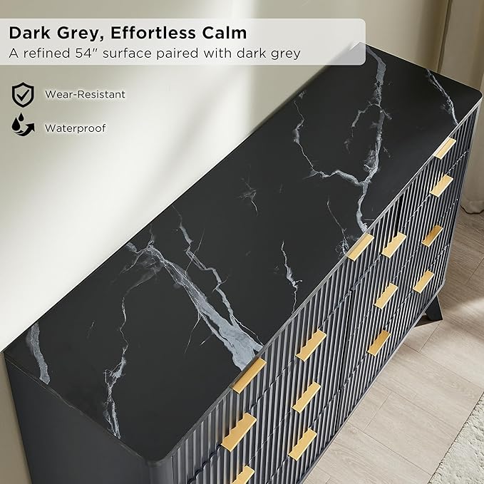 T4TREAM Fluted 9 Drawers Dresser, 54" Wide Modern Chest of Drawers with Faux Marble Top, Curved Profile Design, Dresser TV Stand, Wood Drawer Organizer for Bedroom, Living Room, Hallway, Dark Grey