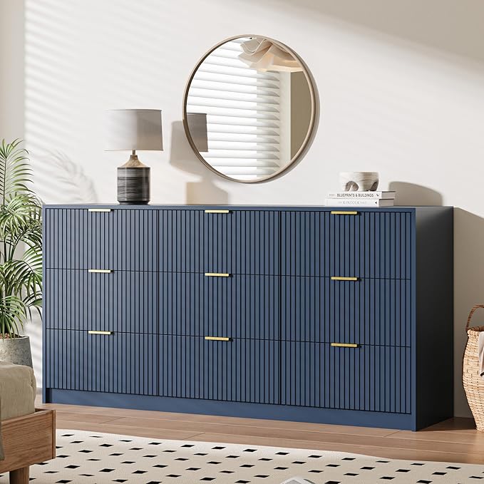 Navy 9 Drawer Dresser for Bedroom, 63" Wide Modern Fluted Dresser with Gold Metal Handles, Chest of Drawers for Bedroom, Living Room, Entryway, Hallway