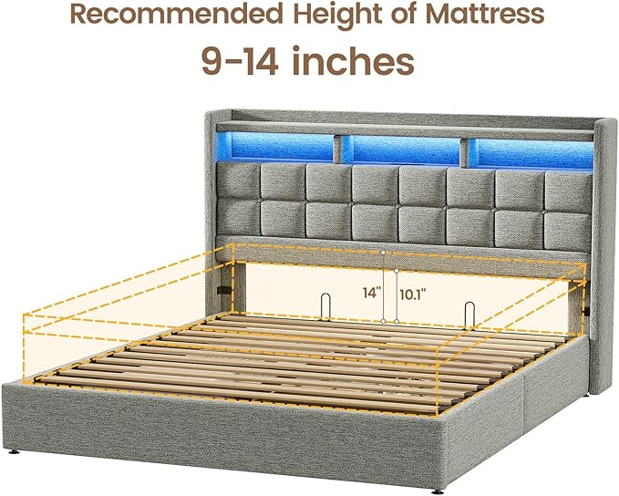 Lift Up King Size Bed Frame with Storage, Upholstered King Bed Frame with Charging Station and LED Lights Headboard, No Box Spring Needed, Easy Assembly - Light Grey