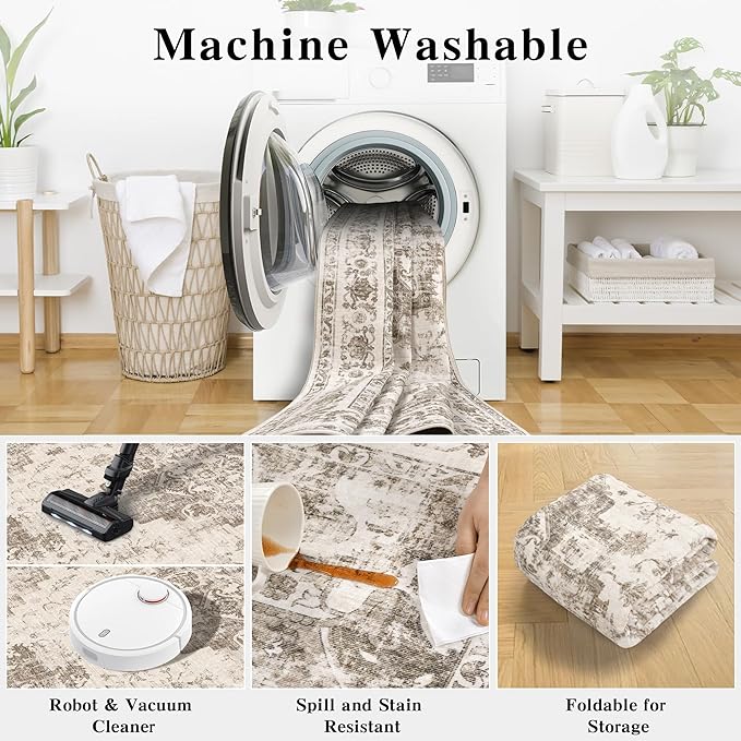 8x10 Vintage Washable Area Rugs Boho Medallion Large Distressed Retro Accent Carpet Floral Non-Slip Soft Low Pile Indoor Throw Rug for Living Room Bedroom Dining Room Office Kitchen, Taupe