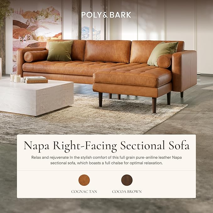 POLY & BARK Napa 104.5" Right-Facing Sectional Sofa – Cognac Tan Full-Grain Pure-Aniline Italian Leather, Feather-Down Cushions, Solid Wood Frame