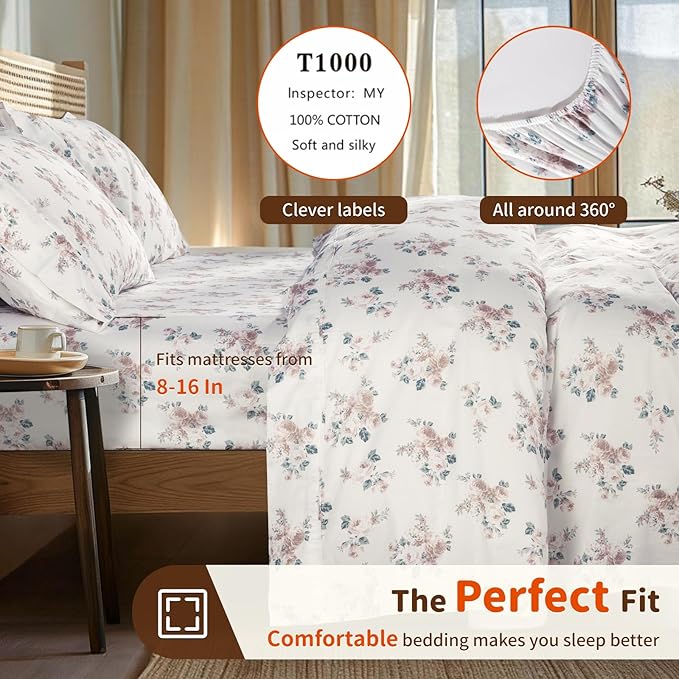 LBRO2M 1000 Thread Count Sheets 100% Egyptian Cotton Bedding Set Floral King Size Sheets 16 Inches Deep Pocket Bedding 4 Piece Sets (King, Rose)