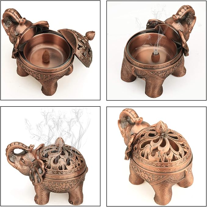 K COOL Alloy Incense Holder Stand Elephant Cone Coil Incense Burner Ash Catcher with Lid, Aromatherapy Ornament Home Decoration for Indoor Outdoor (Red Copper)