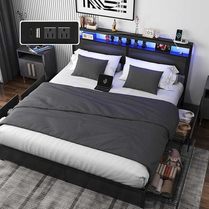 King Bed Frame with Storage Headboard and 4 Drawers, Metal Platform Bed Frame with LED Light, Charging Station, No Box Spring Needed, Noise Free, Easy Assembly,Charcoal Grey