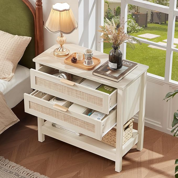 LEYAOYAO 31.5" Wide Rattan Night Stands Set 2, Oversized Large Boho Nightstand with 2 Drawer, Grey White Bed Side End Tables with Storage Shelf, Tall Bedside Table for Bedroom Living Room, Hallway
