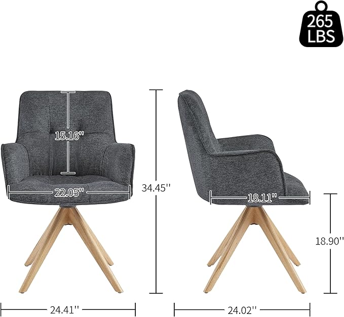 Art Leon Swivel Chair - Mid Century Modern Desk Chair Without Wheels, Fabric Upholstered Accent Chair with Oak Wood Legs for Small Space Living Room Bedroom, Dark Gray