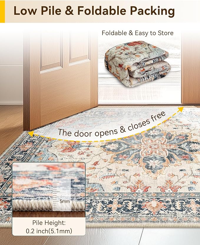 Area Rugs 3'x4' Washable Non-Slip, Floral Vintage Distress Print Pattern Medallion Carpet for Living Room Bedroom Dining Room, Beige Navy Blue Orange Colorful