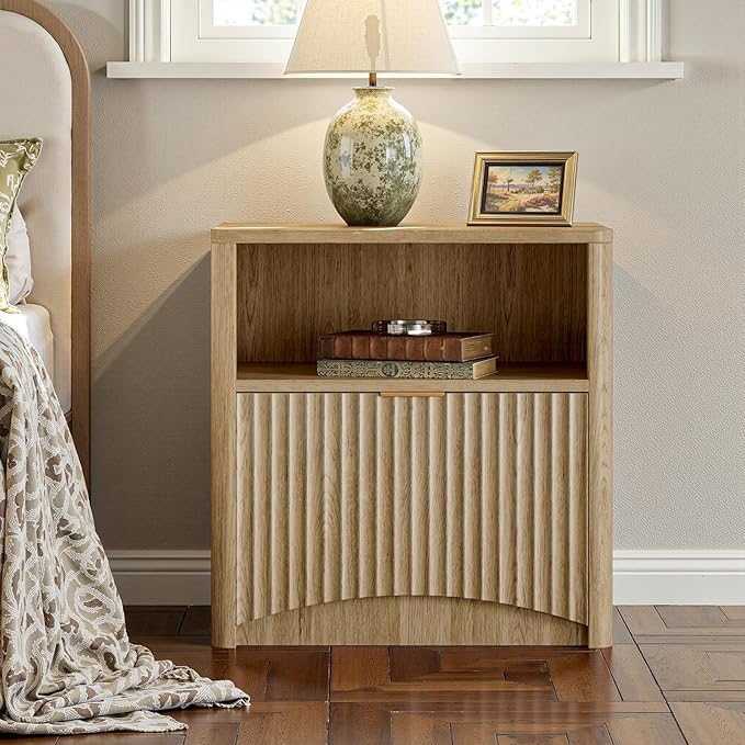 Evermagin Fluted Nightstand Set of 2, Natural Oak Bedside Table with Drawer and Storage, Wood End Table Mid Century Modern, Large Night Stand for Bedroom