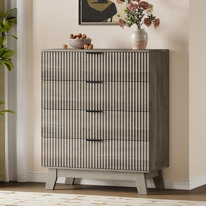 39" Tall Dresser for Bedroom, 4-Drawer Fluted Chest of Drawers, Modern Wood Highboy with Deep Storage, Metal Slides & Handles, Anti-Tip Kit, Vertical Clothes Organizer for Apartment, Nursery