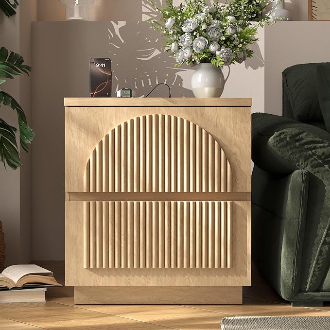 Yechen Nightstand with Drawers, Modern Arched Reeded Wood Nightstand with Charging Station, Wooden Night Stand with Storage,Bedside End Tables for Bedroom, Natural