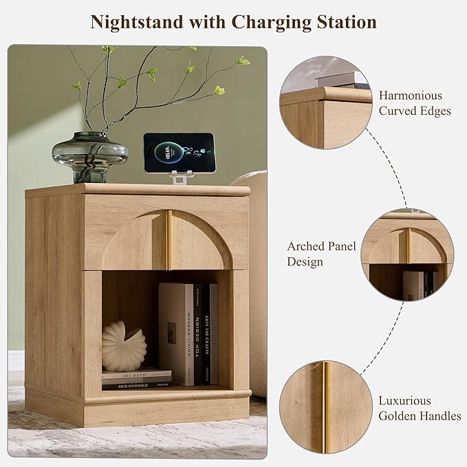 ACCOHOHO Modern Night Stand with Arched Panel,18" Wooden nightstand with Charging Station,Bedside Table with Drawer Storage,Side End Table with Open Shelf for Bedroom,Living Room,Natural Oak