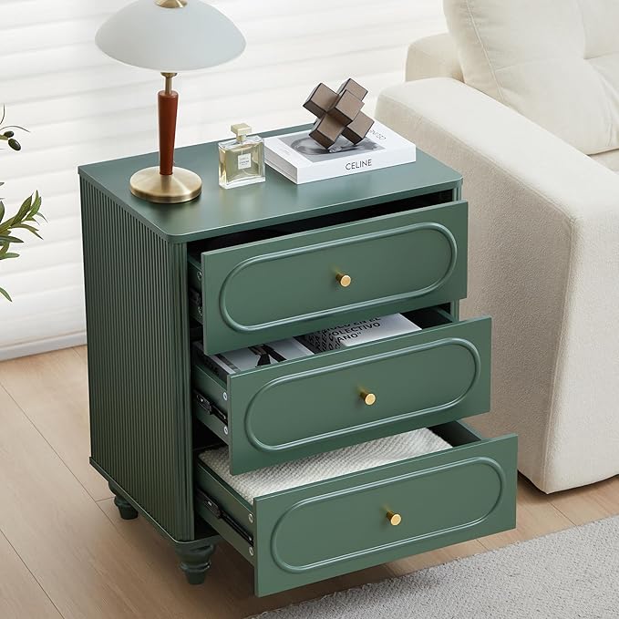 3 Drawer Fluted Dresser for Bedroom Set of 2, Mid Century Modern Chest of Drawers, Wood Storage Small Dresser Organizer for Bedroom Living Room Hallway Closet, Green