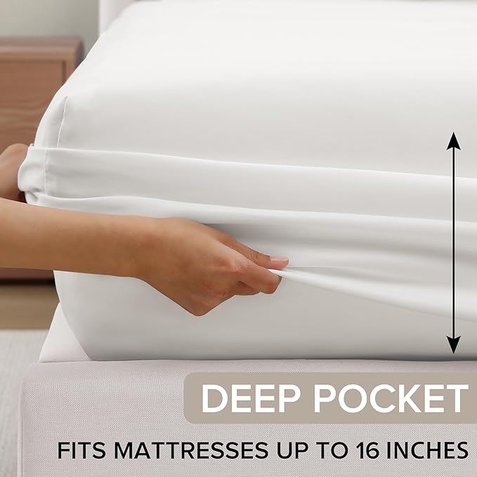 UGG Queen Sheet Set 4-Piece Luxury Cooling Sheets Deep Pockets Premium Bedding with 2 Pillow Shams Hypoallergenic Machine Washable Soft Lightweight Bed Set for Bedroom, Queen, White (Hedi)