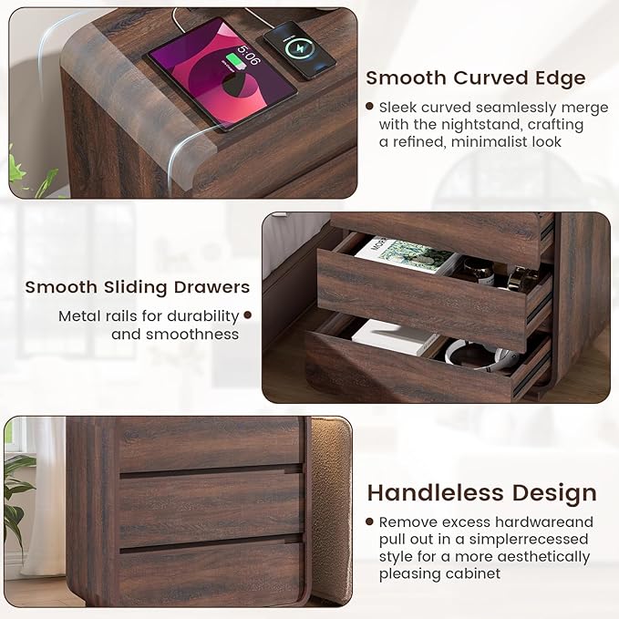 Walnut Nightstand with Charging Station, Modern Curved End Table with 3 Drawers, 25" Tall Wood Bedside Table, Mid Century Night Stand for Bedroom, Dorm, Sofa, Office